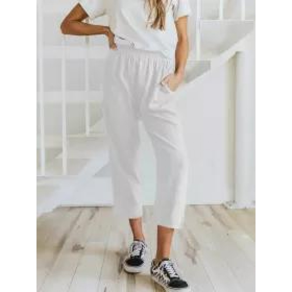 Solid Color Casual Elasticated High-waist Cropped Trousers Solid Color Casual Elasticated High-waist Cropped Trousers
