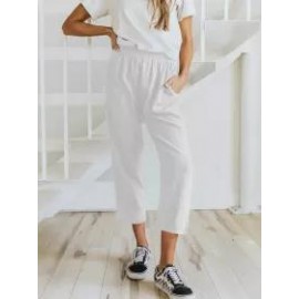 Solid Color Casual Elasticated High-waist Cropped Trousers