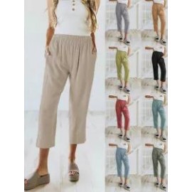Solid Color Casual Elasticated High-waist Cropped Trousers