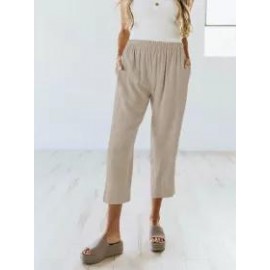 Solid Color Casual Elasticated High-waist Cropped Trousers