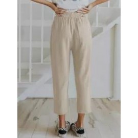 Solid Color Casual Elasticated High-waist Cropped Trousers