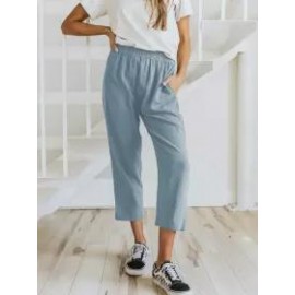 Solid Color Casual Elasticated High-waist Cropped Trousers