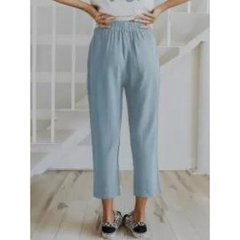 Solid Color Casual Elasticated High-waist Cropped Trousers
