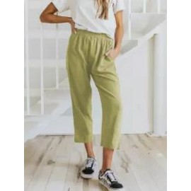 Solid Color Casual Elasticated High-waist Cropped Trousers