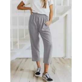 Solid Color Casual Elasticated High-waist Cropped Trousers