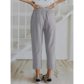 Solid Color Casual Elasticated High-waist Cropped Trousers