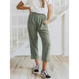 Solid Color Casual Elasticated High-waist Cropped Trousers