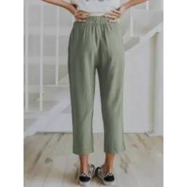 Solid Color Casual Elasticated High-waist Cropped Trousers