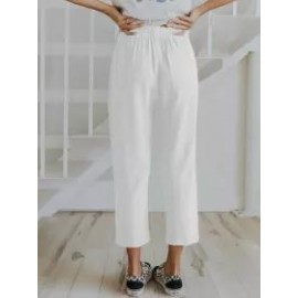 Solid Color Casual Elasticated High-waist Cropped Trousers