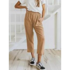 Solid Color Casual Elasticated High-waist Cropped Trousers