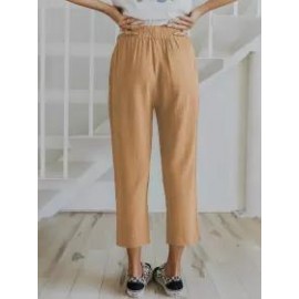 Solid Color Casual Elasticated High-waist Cropped Trousers