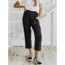 Solid Color Casual Elasticated High-waist Cropped Trousers