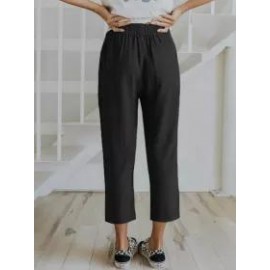 Solid Color Casual Elasticated High-waist Cropped Trousers