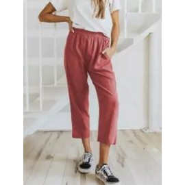 Solid Color Casual Elasticated High-waist Cropped Trousers