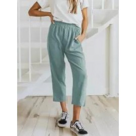 Solid Color Casual Elasticated High-waist Cropped Trousers