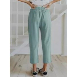 Solid Color Casual Elasticated High-waist Cropped Trousers