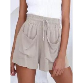 Elastic Waist Cotton And Linen Solid Color Shorts
