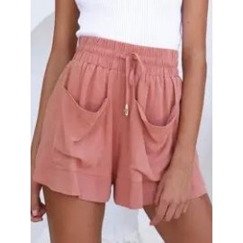 Elastic Waist Cotton And Linen Solid Color Shorts