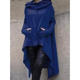 Hooded Drawstring Slit Pocket Plain Long Sleeve Hoodies