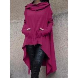 Hooded Drawstring Slit Pocket Plain Long Sleeve Hoodies