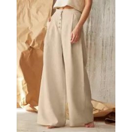 Solid Color High Waist Button Cotton Linen Casual Pants