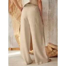 Solid Color High Waist Button Cotton Linen Casual Pants