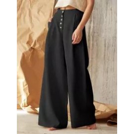 Solid Color High Waist Button Cotton Linen Casual Pants
