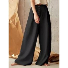 Solid Color High Waist Button Cotton Linen Casual Pants