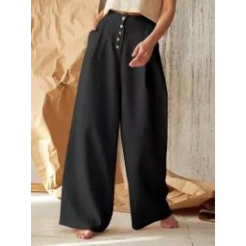 Solid Color High Waist Button Cotton Linen Casual Pants