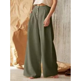 Solid Color High Waist Button Cotton Linen Casual Pants