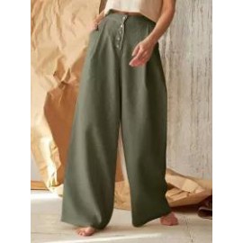 Solid Color High Waist Button Cotton Linen Casual Pants