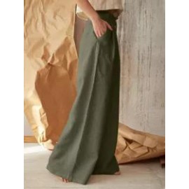 Solid Color High Waist Button Cotton Linen Casual Pants