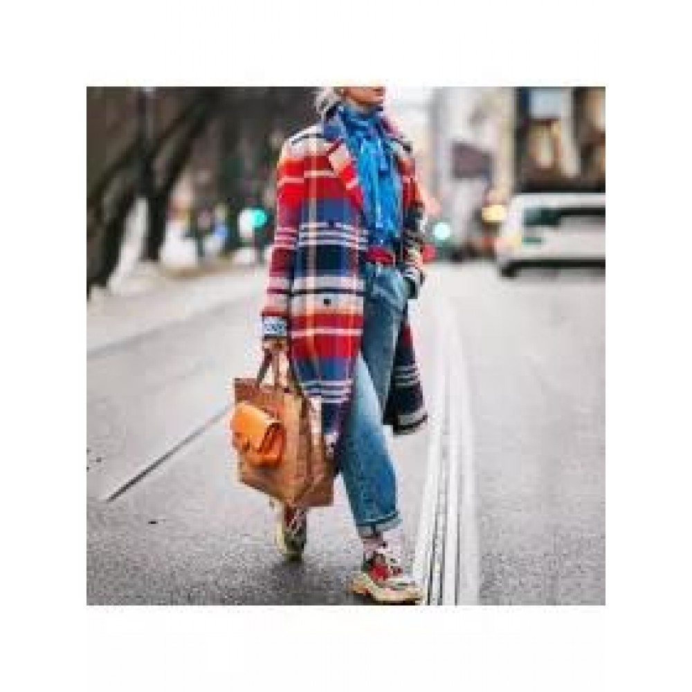 Lapel Check Printed Woolen Loose Long Coat Lapel Check Printed Woolen Loose Long Coat
