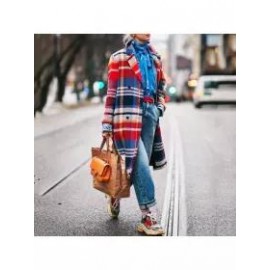 Lapel Check Printed Woolen Loose Long Coat