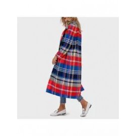 Lapel Check Printed Woolen Loose Long Coat