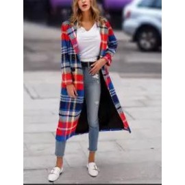 Lapel Check Printed Woolen Loose Long Coat