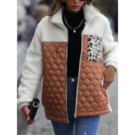 Casual Plush Long Sleeve Loose Round Neck Panel Zip Animal Print Double Sided Fleece Jacket