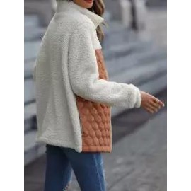Casual Plush Long Sleeve Loose Round Neck Panel Zip Animal Print Double Sided Fleece Jacket