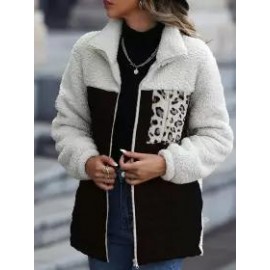 Casual Plush Long Sleeve Loose Round Neck Panel Zip Animal Print Double Sided Fleece Jacket