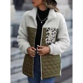 Casual Plush Long Sleeve Loose Round Neck Panel Zip Animal Print Double Sided Fleece Jacket