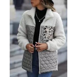 Casual Plush Long Sleeve Loose Round Neck Panel Zip Animal Print Double Sided Fleece Jacket