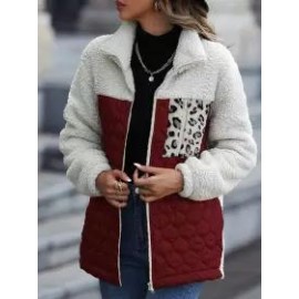 Casual Plush Long Sleeve Loose Round Neck Panel Zip Animal Print Double Sided Fleece Jacket