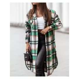 Fashionable Lapel Single Breasted Long Sleeve Plaid Shirt Coat