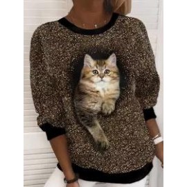 Fashionable Cat Digital Print Crew Neck Sweatshirt