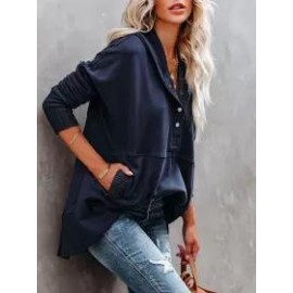 Women's Solid V-Neck Hooded Irregular Top