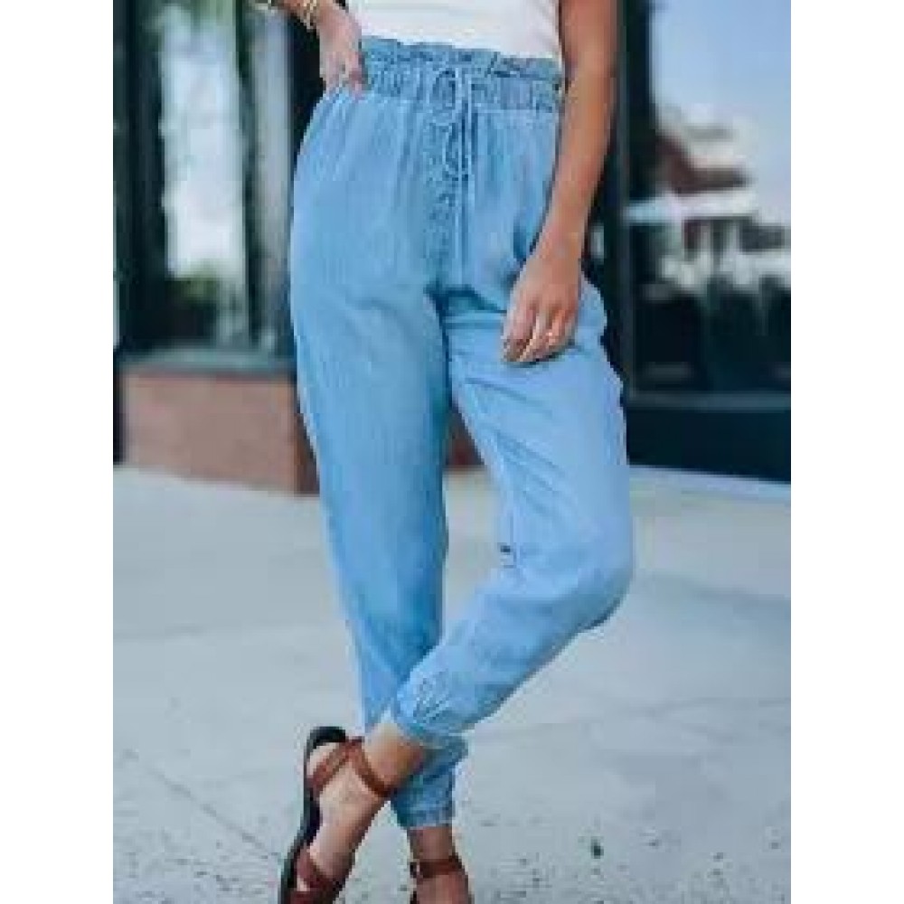 Solid Elastic Waist Pocket Loose Tapered Pants Solid Elastic Waist Pocket Loose Tapered Pants