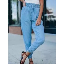 Solid Elastic Waist Pocket Loose Tapered Pants