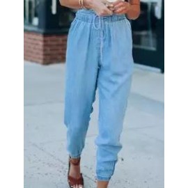 Solid Elastic Waist Pocket Loose Tapered Pants