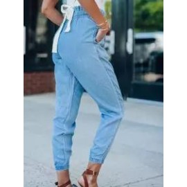 Solid Elastic Waist Pocket Loose Tapered Pants
