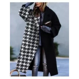 Fashion Printed Color Block Woolen Coat